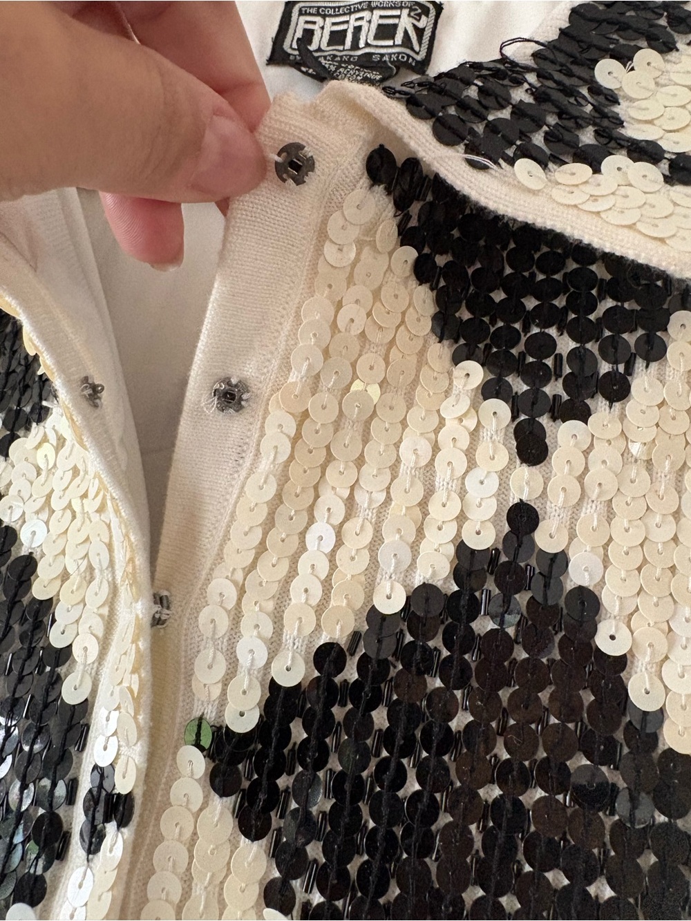 Vintage BEREK 2 Takako Sakon Black & Ivory Sequin Argyle Jacket XL - Picture 6 of 12